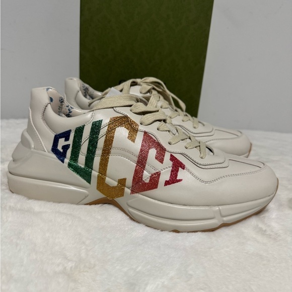 Gucci Shoes - Gucci Cream Sneakers with Multicolor Logo